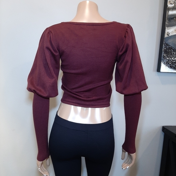 🍁GUESS Layla Puff Sleeve Cropped Sweater Cinch Drawstring Front Ribbed Pullover - Picture 10 of 14